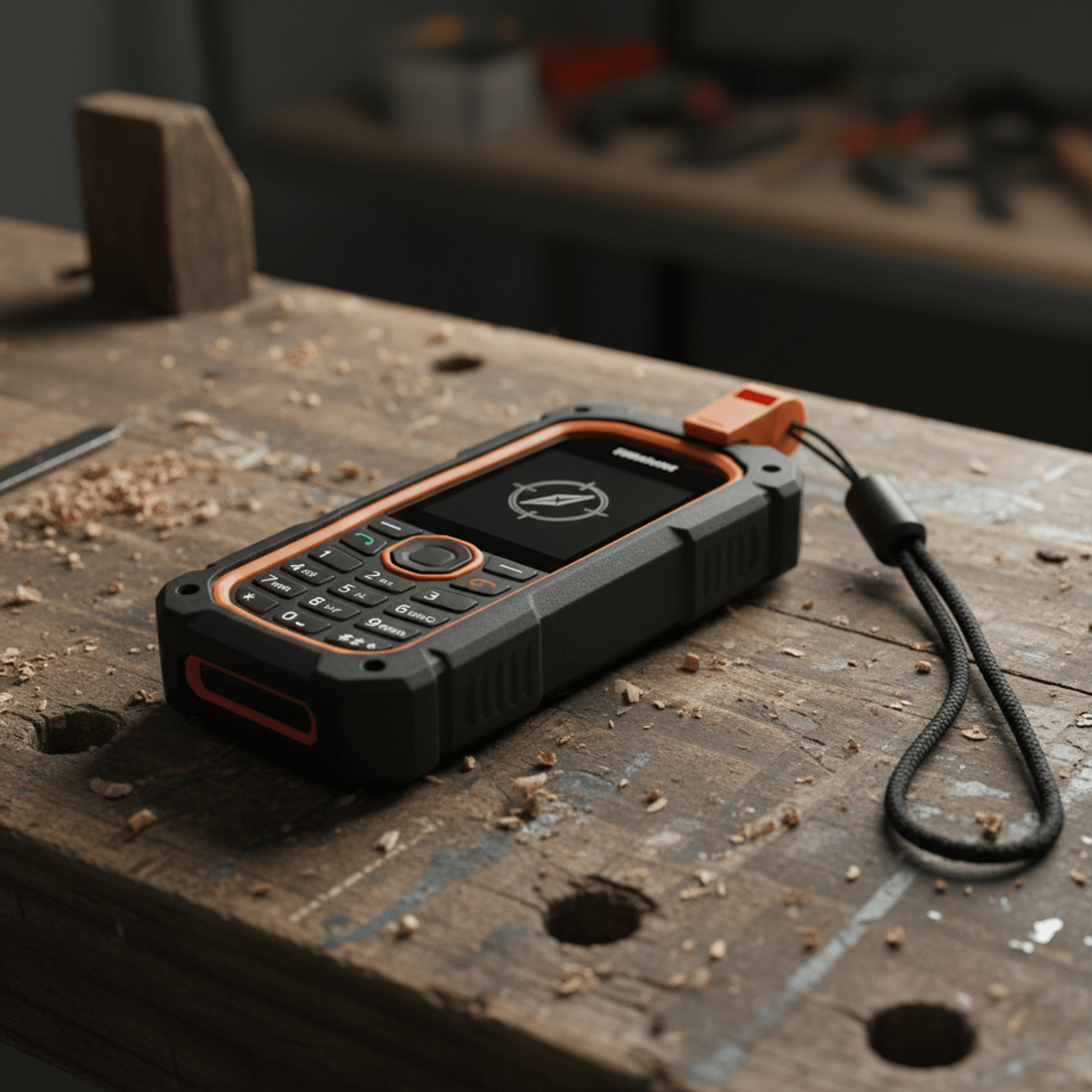 Durable keypad phone with safety orange accents on a weathered wooden workbench.