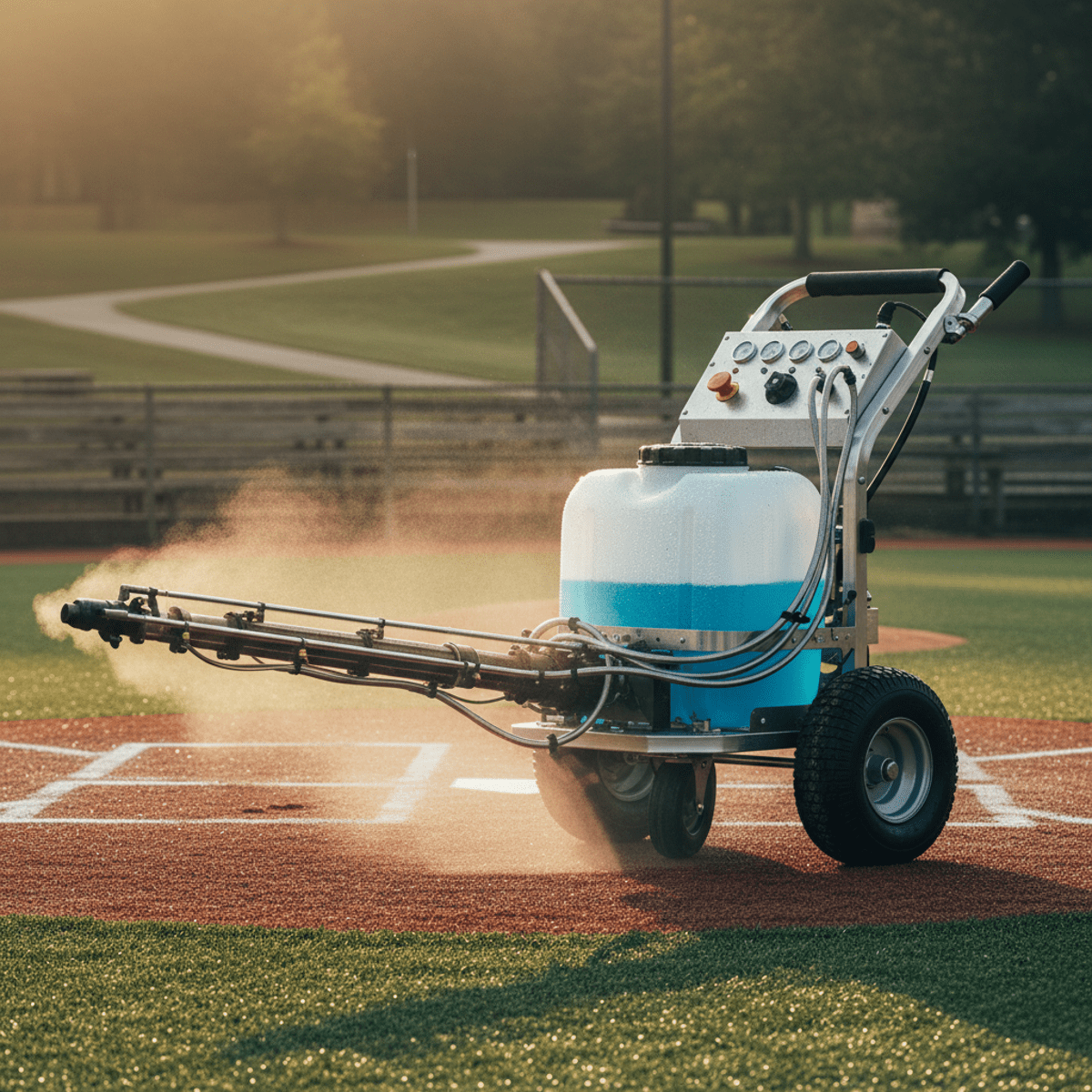 Wheeled mosquito fogger machine on baseball field at sunrise with spray system.