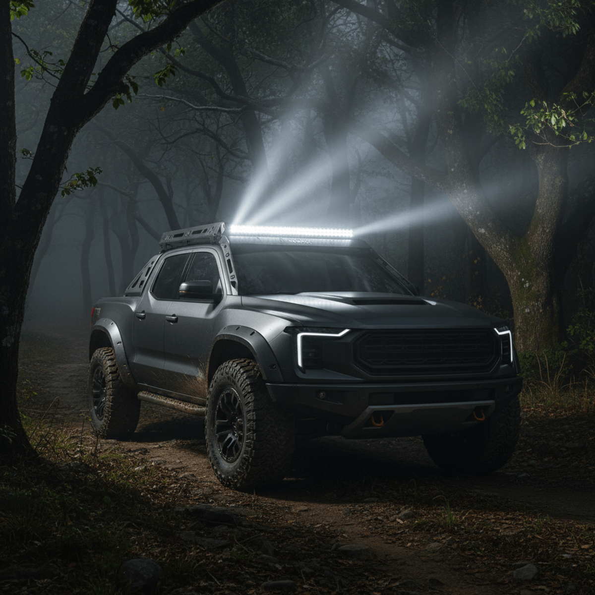 Truck with integrated LED light bar on a misty forest trail at night.