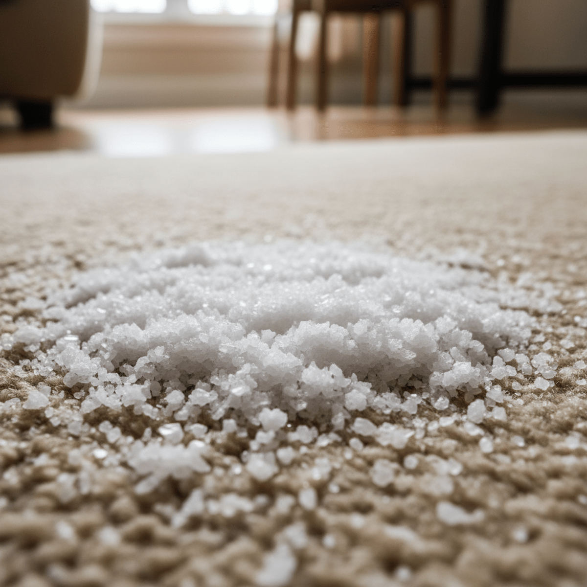 Coarse white salt crystals absorb a fresh red wine spill on a beige carpet.