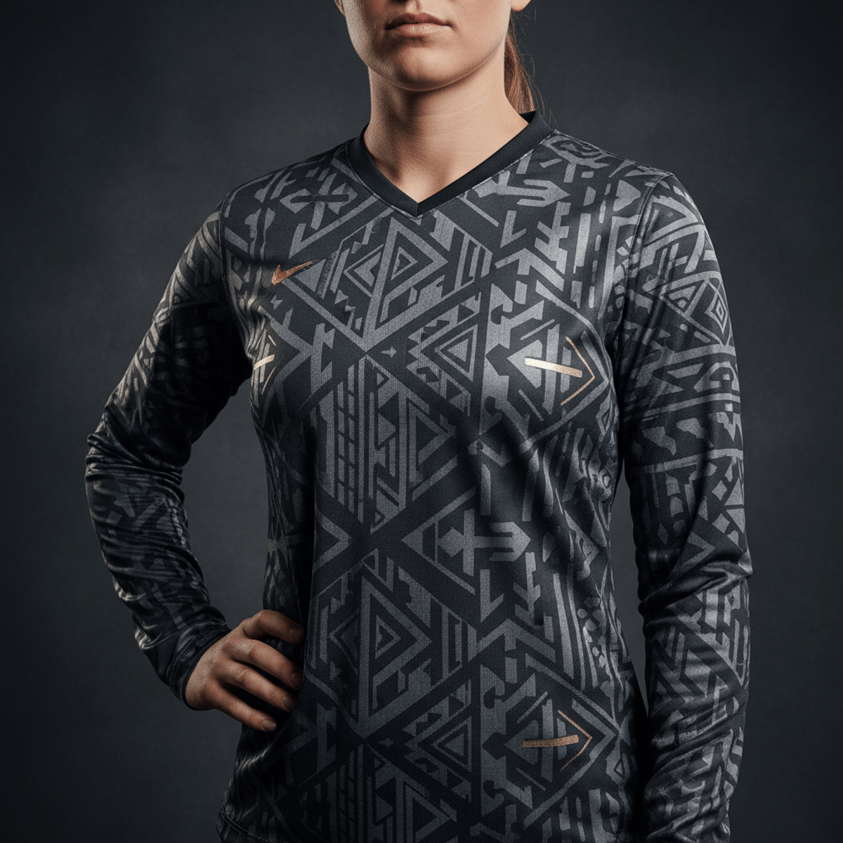 Athlete in modernized First Nations tribal print soccer jersey with charcoal, silver, and gold accents.