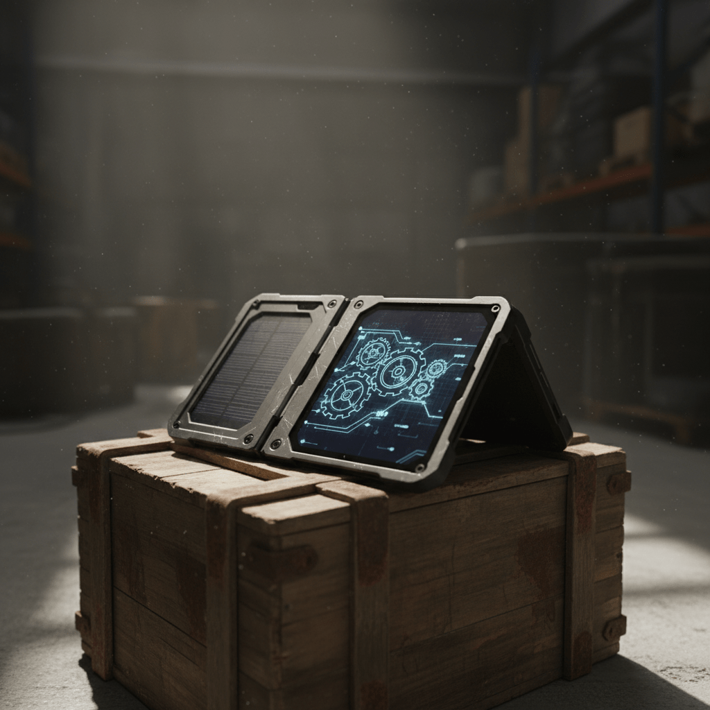 Rugged folding tablet with solar charger in a dusty warehouse, showing technical diagrams.