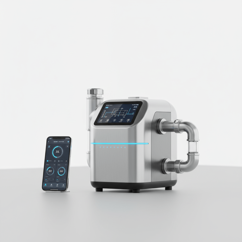 Sleek futuristic water pump with touchscreen and IoT monitoring interface.