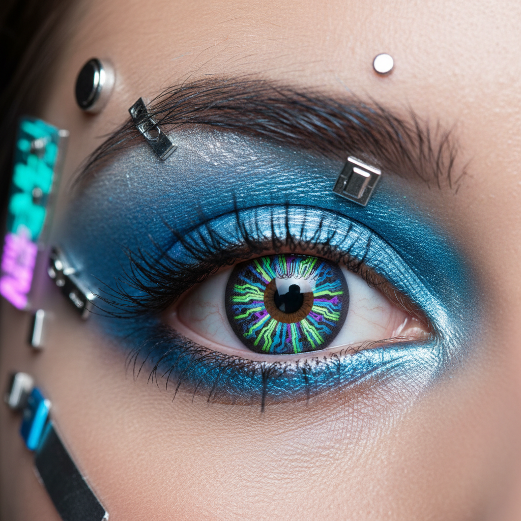 Close-up of an eye with microchip patterned contacts and metallic makeup.