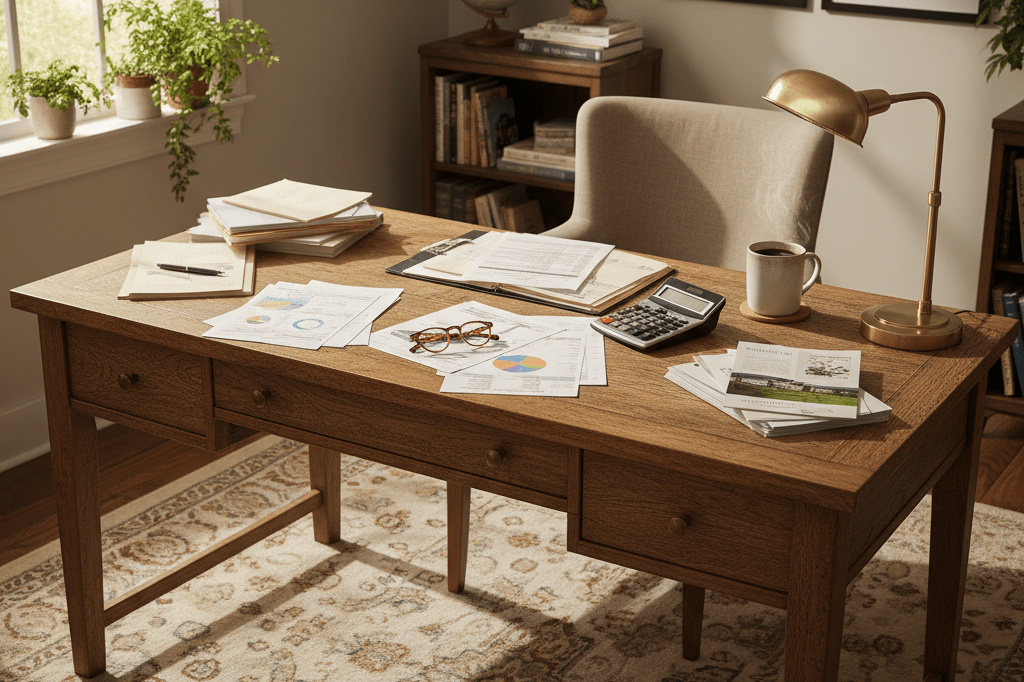 Wooden desk with financial documents, calculator, and coffee under warm natural light, symbolizing retirement planning