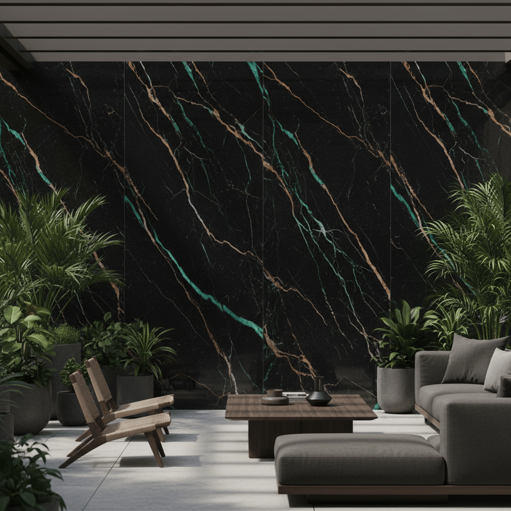 Outdoor terrace with large-format porcelain marble panels, emerald and copper veining.