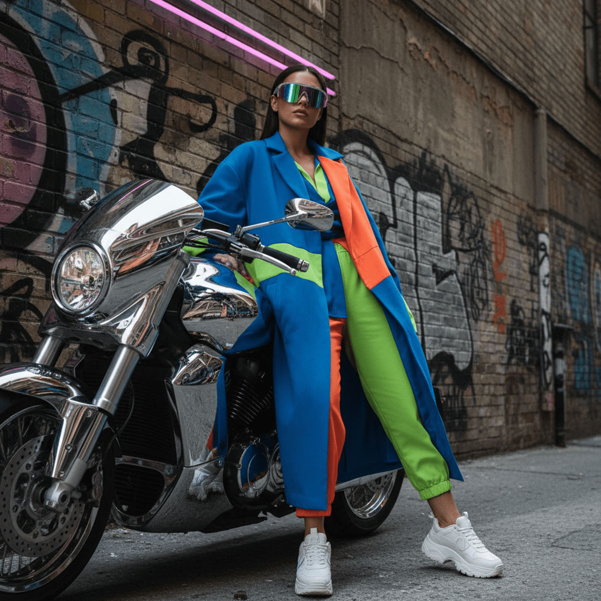 Y2K wraparound sunglasses on a model in a city alley with a motorcycle.