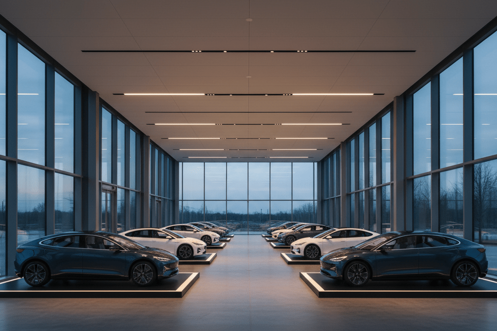 Wide-angle view of an unbranded EV showroom with vehicles displayed under soft evening light, highlighting market entry challenges