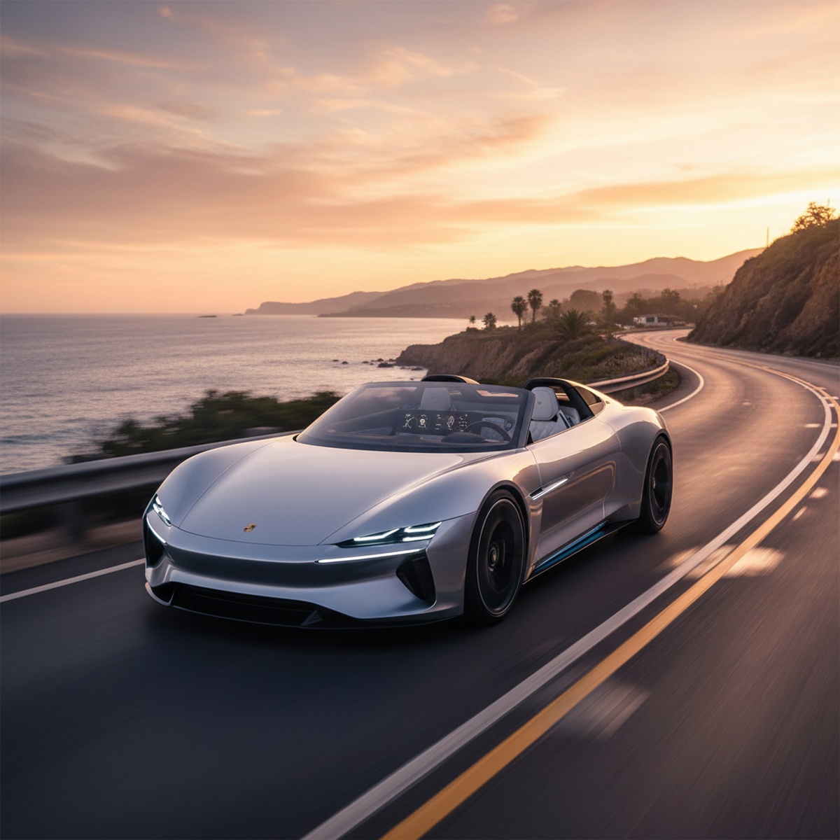 Sleek silver sports car with LED headlights on a coastal highway at golden hour.