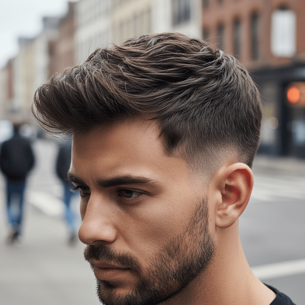 Man's textured French crop hairstyle with dramatic forward styling and subtle side fades.