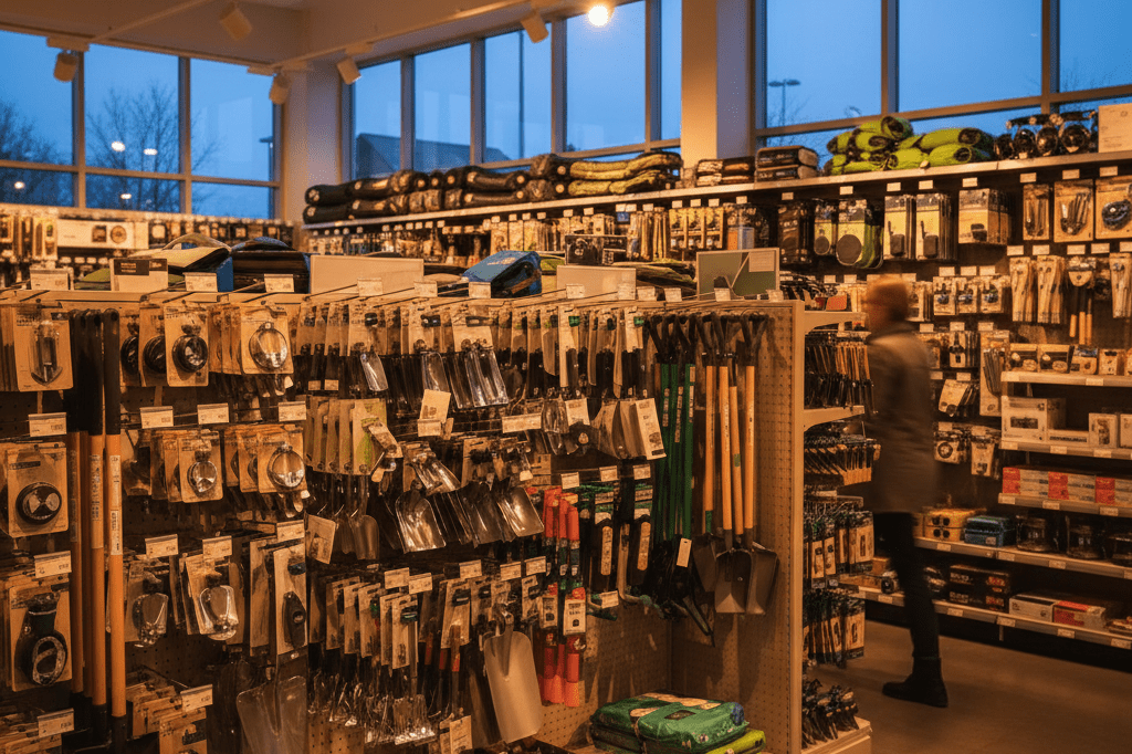 Stocked retail aisle with outdoor gear under evening light, showing strategic merchandising for extended daylight hours