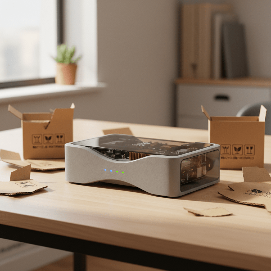 Sleek modem router combo on a wooden desk with eco-friendly packaging.