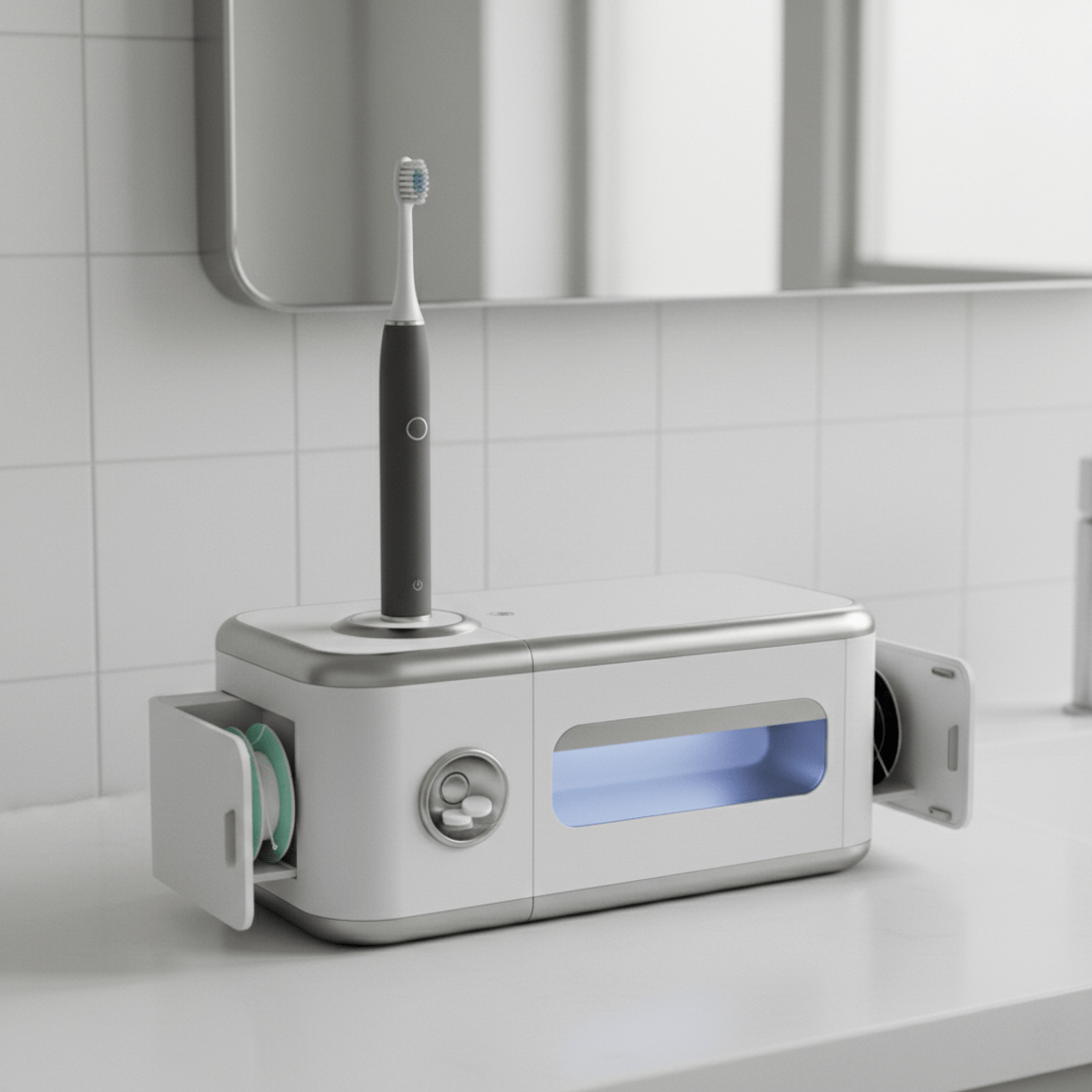 Modern oral care pod system with vibrating toothbrush and waterless toothpaste dispenser.