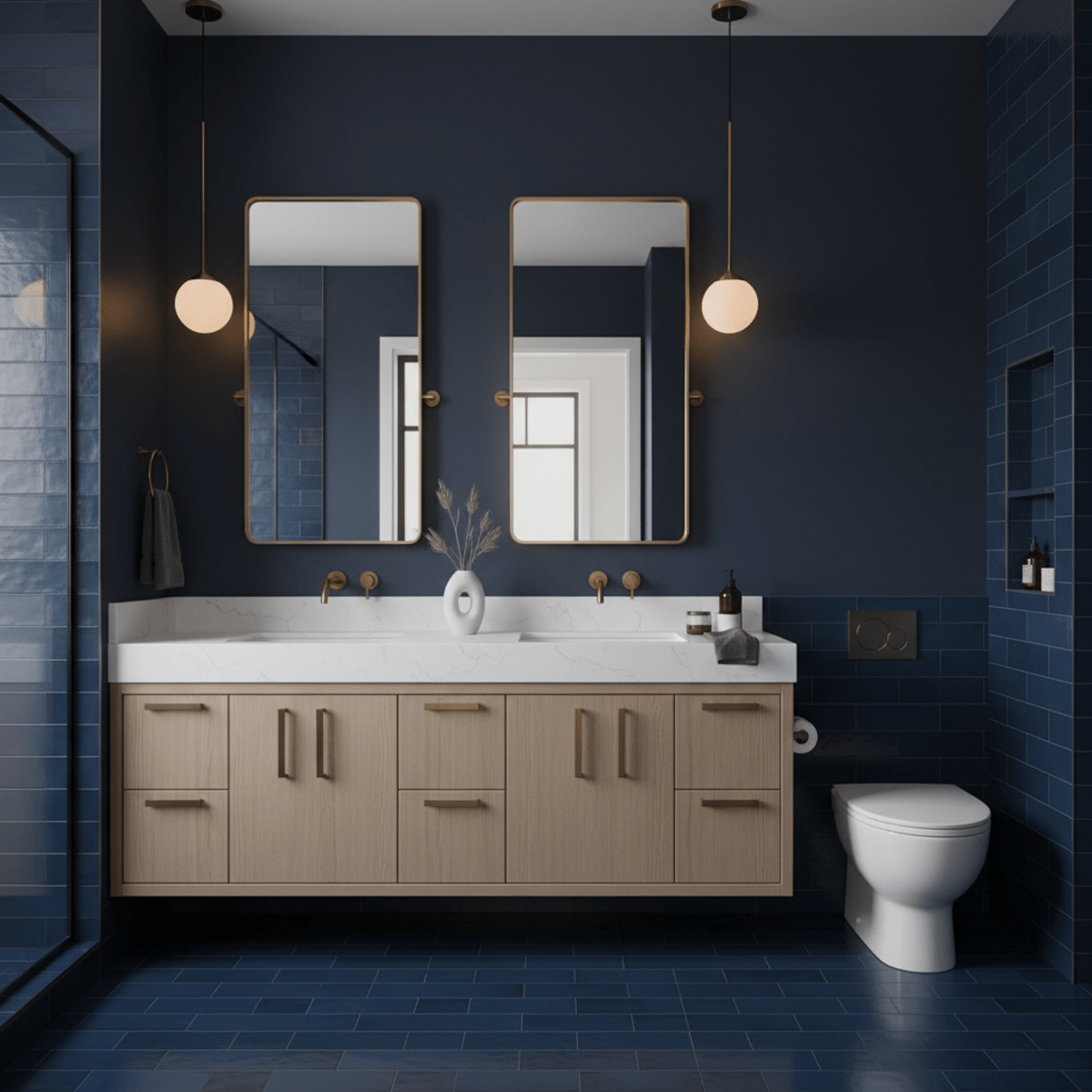 Elegant modern bathroom with navy wall, quartz countertops, and brass pendant lights.