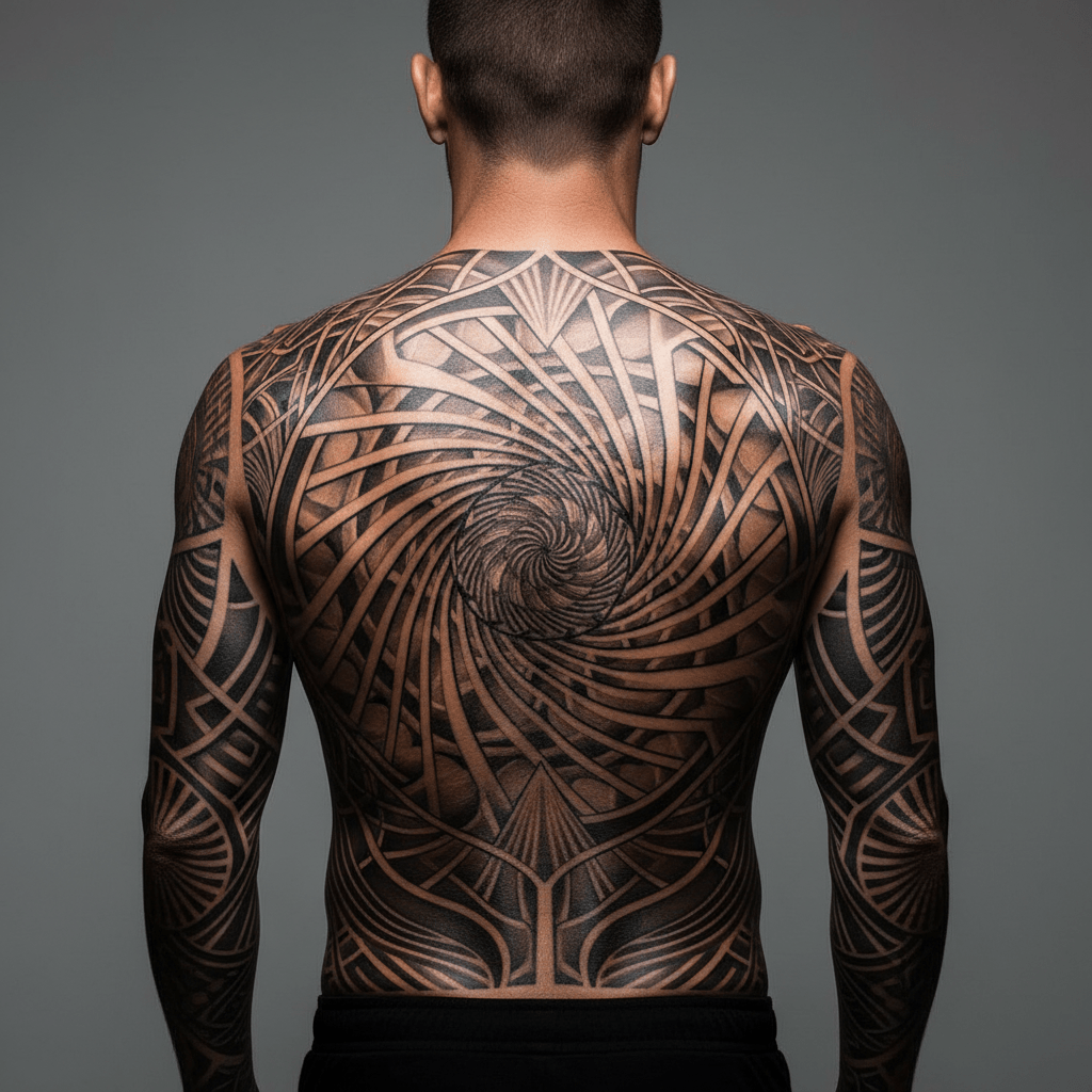 Full back tattoo design with interwoven lines and optical illusion patterns.
