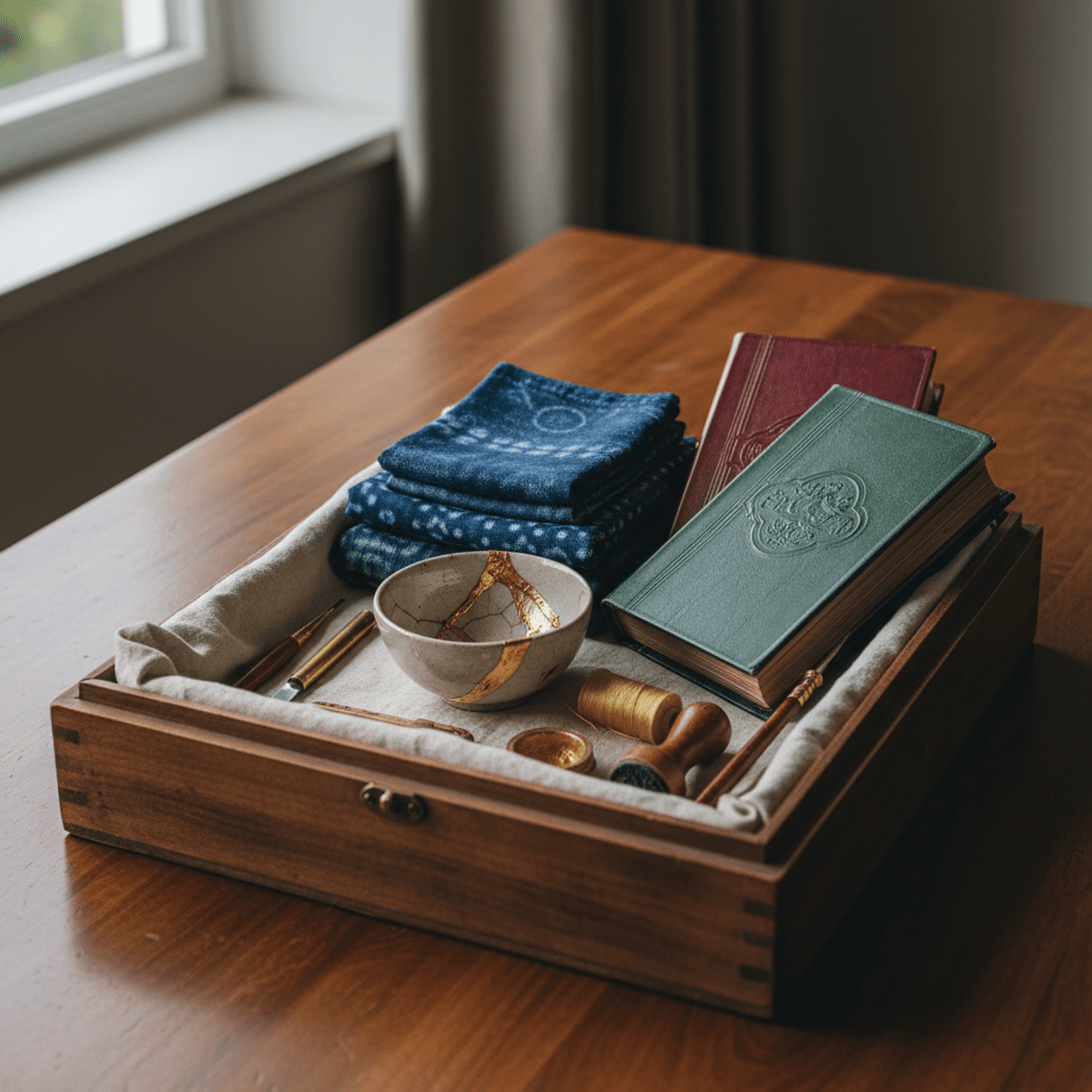 Elegant artisan craft box with Kintsugi pottery and indigo textiles on a wooden table.