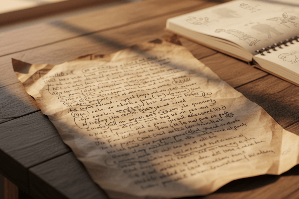 A detailed close-up of a script page with handwritten notes under soft natural light, symbolizing authentic narrative creation