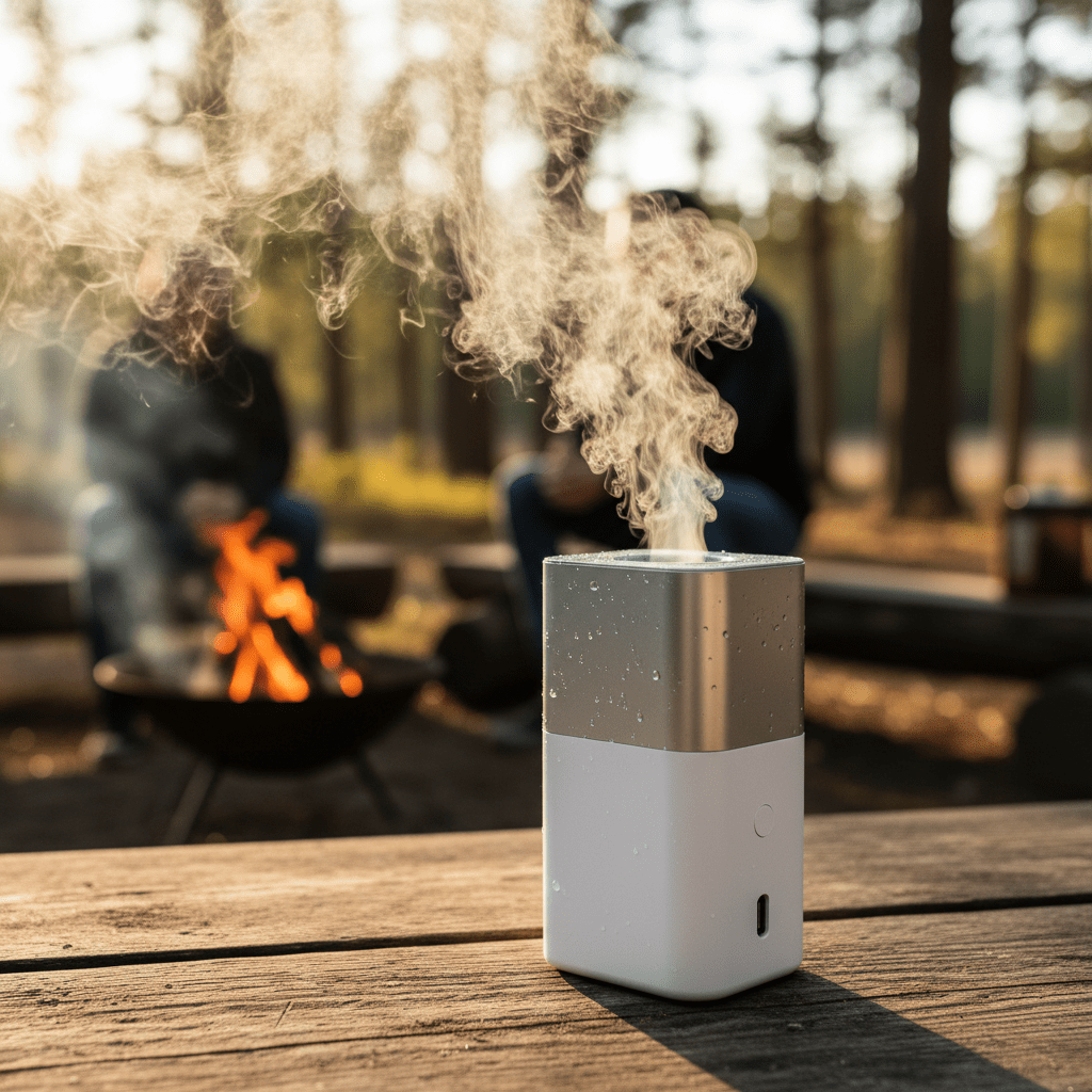 Compact rechargeable mosquito fogger with USB charging on a rustic picnic table.