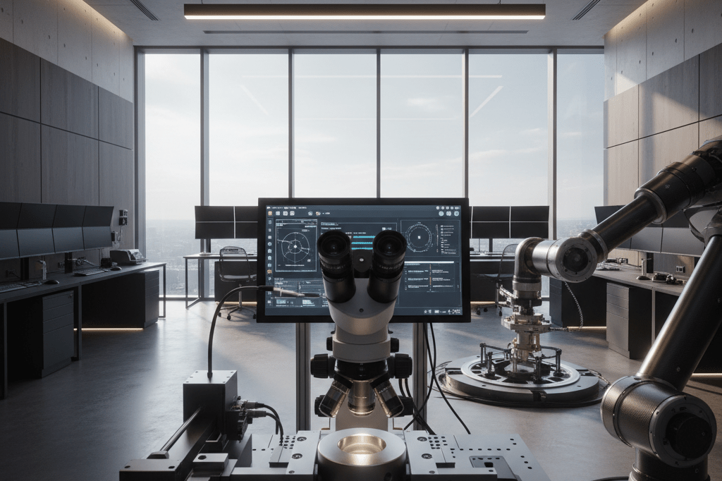 Modern aerospace engineering lab showcasing advanced materials testing Sleek engineering lab with alloy samples and robotic arm under natural light, highlighting technological innovation