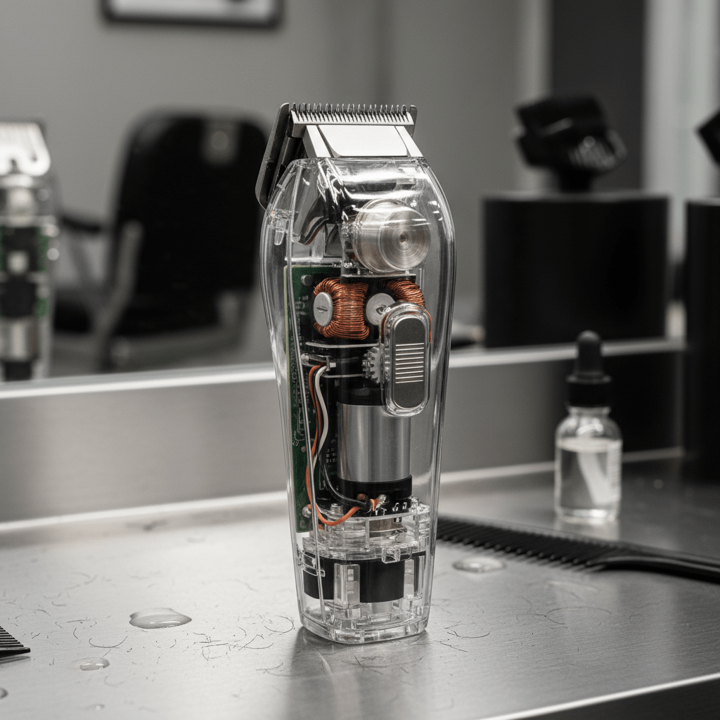 Transparent clippers reveal precision magnetic motor and sharp steel blade.