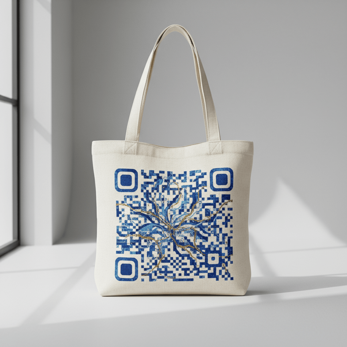 White canvas bag with abstract blue and gold QR code pattern on grey backdrop.