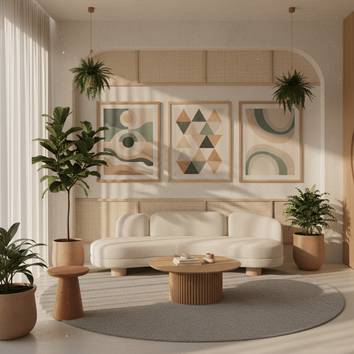 Eco-friendly framed art in a modern wellness space. Contemporary wellness interior with eco-friendly bamboo and birch poster frames.