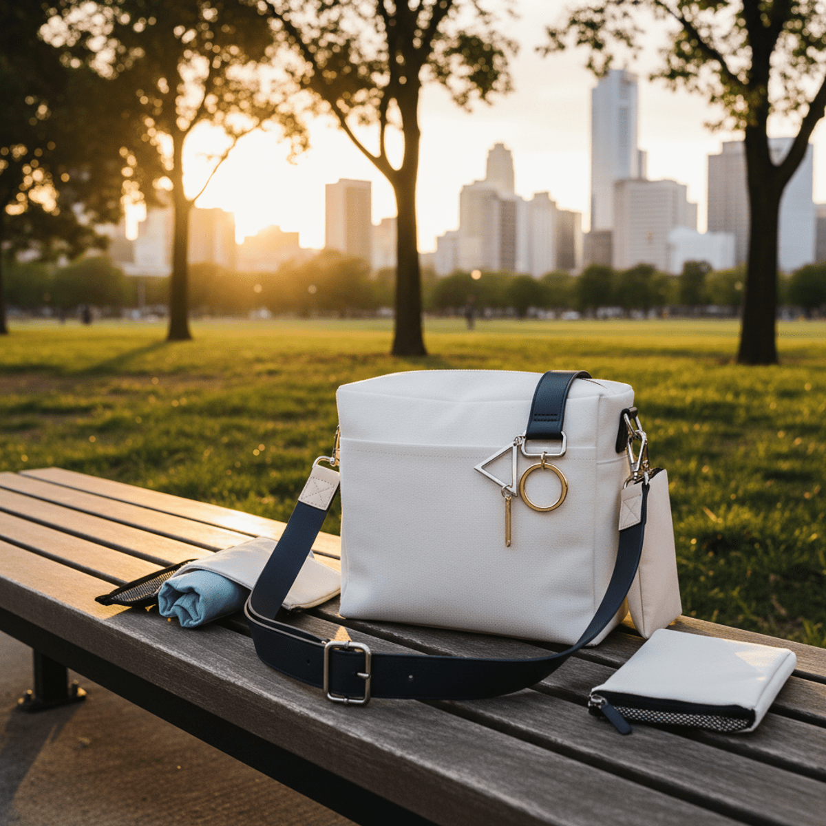 White modular canvas bag with navy strap on a wooden bench in a park.