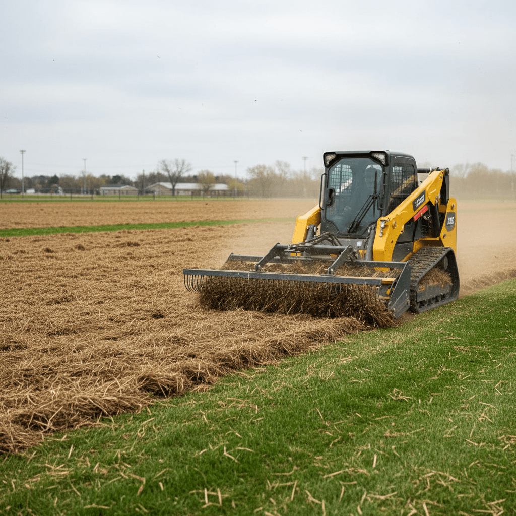 Power rake aggressively removes thick thatch from a neglected commercial lawn.