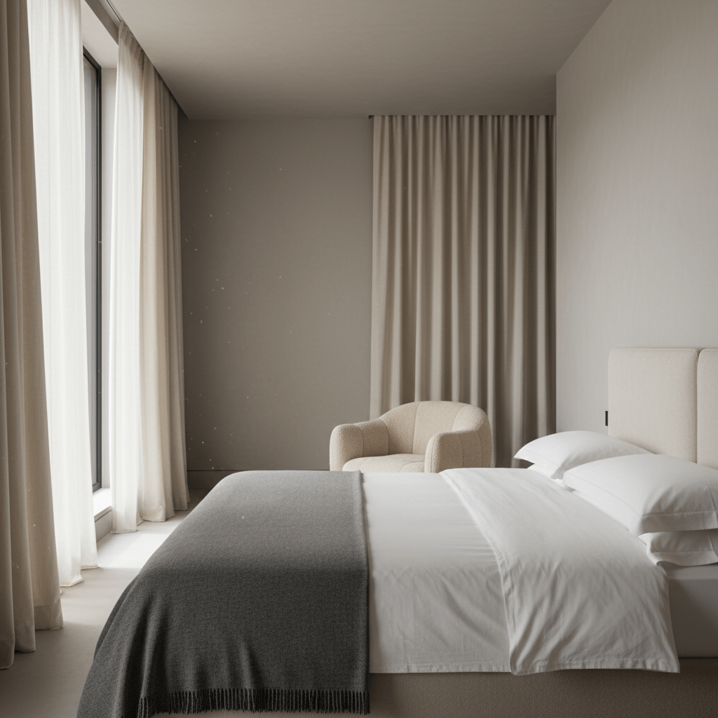 Serene luxury bedroom with greige plaster walls and cream silk curtains.