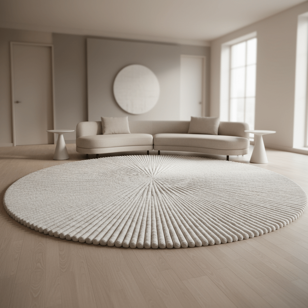 A large, plush white carpet anchors a modern living room with neutral walls.