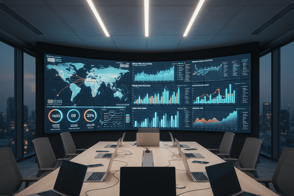 Digital screens and devices in a war room under ambient light, representing coordinated global release strategies