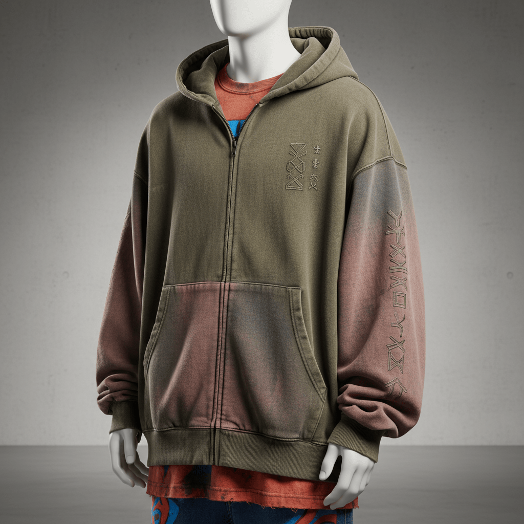 Close-up of a muted Y2K oversized zip-up hoodie with tribal embroidery on a mannequin.