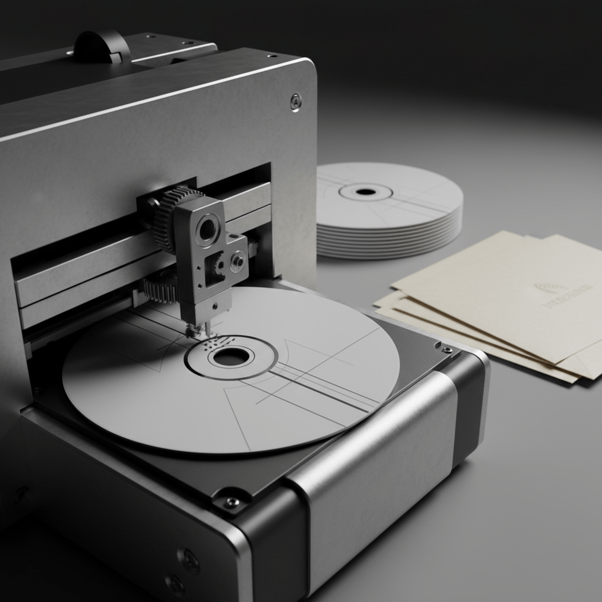 Modern CD printer precisely printing minimalist design onto a white disc.
