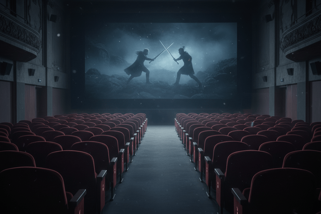 Dimly lit movie theater showcasing a dramatic cinematic moment, emphasizing audience anticipation without revealing specific content