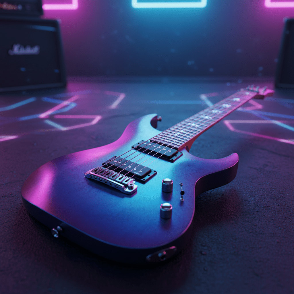 Futuristic purple and blue guitar on a dark stage under neon spotlights.