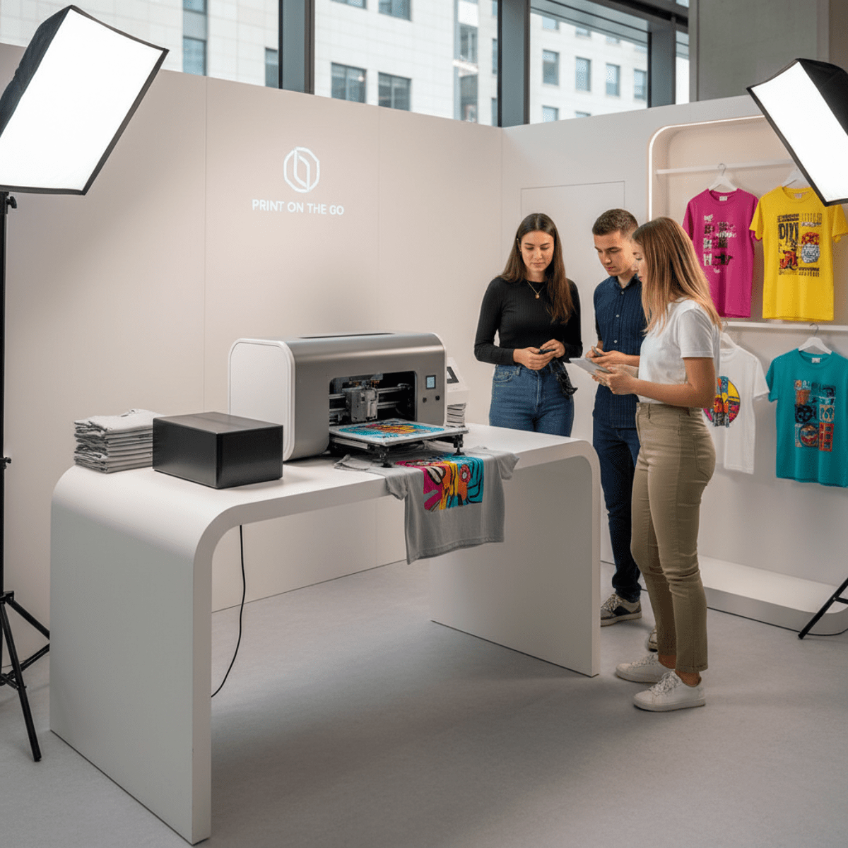 Modern pop-up booth showcases a compact mobile shirt printer with customers observing.