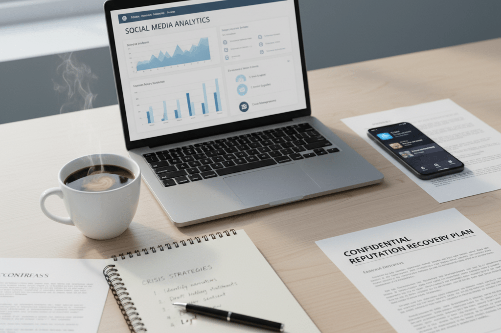 Modern desk with laptop, smartphone, and legal documents symbolizing tools for high-profile incident damage control