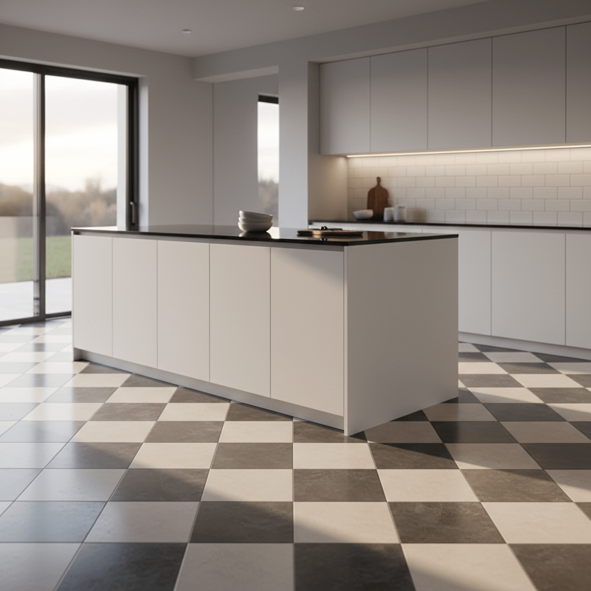 Contemporary kitchen with a sophisticated checkerboard limestone floor and sleek island.