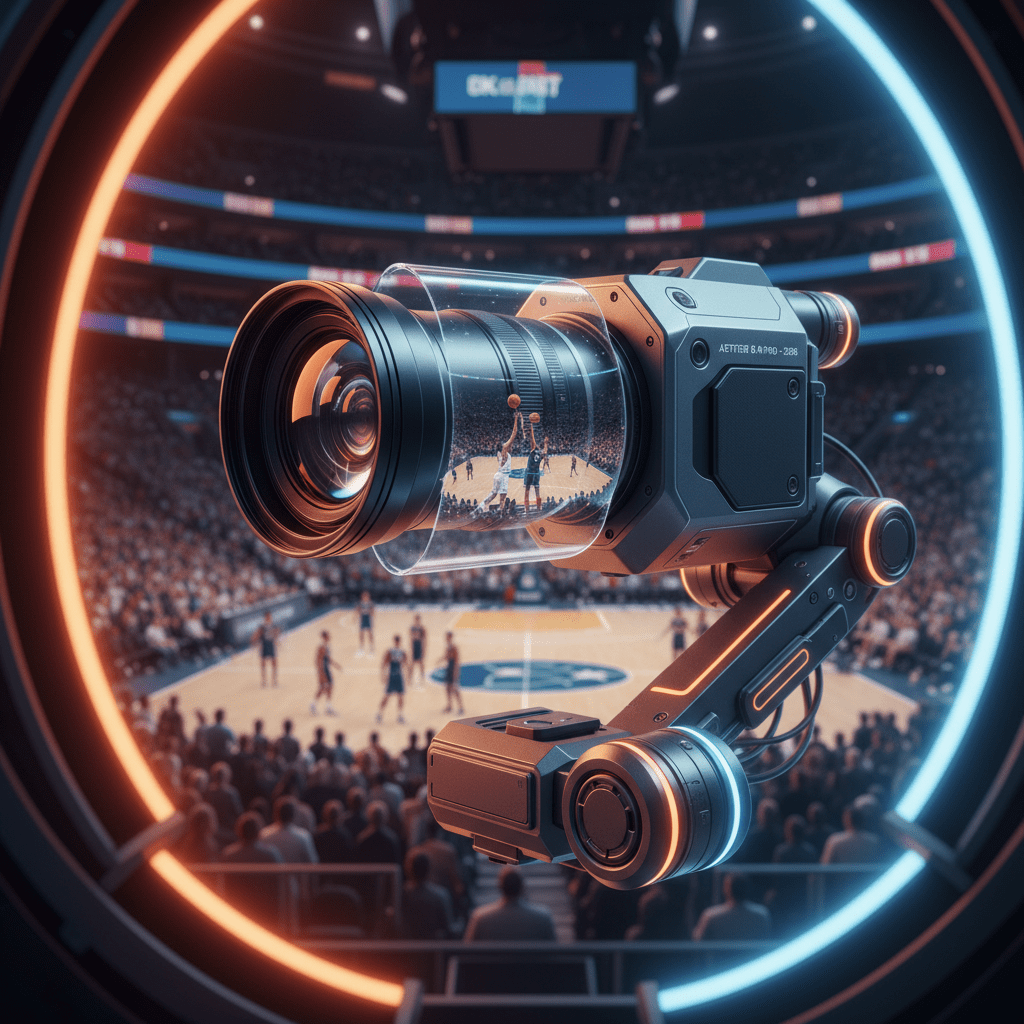 Futuristic camera on robotic mount captures intense basketball play in a packed arena.