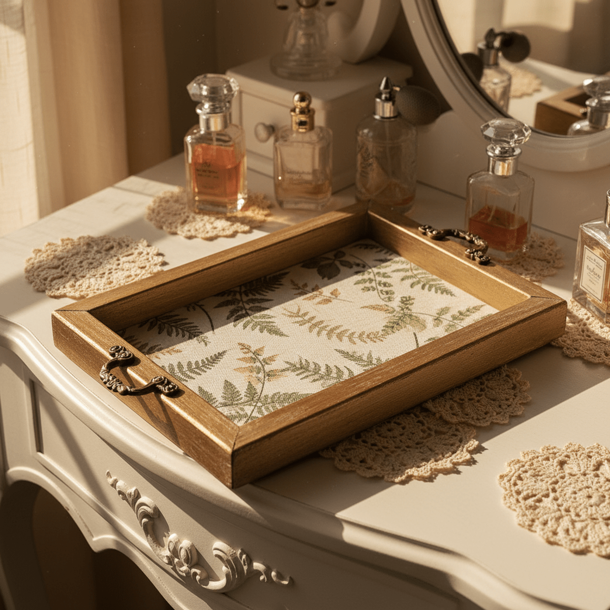 Vintage tray with botanical fabric on vanity with perfume bottles.