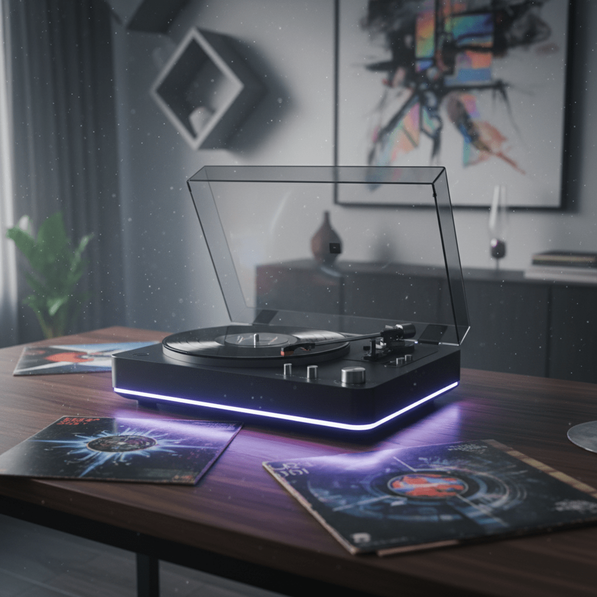 Modern LP player with ambient RGB lighting on walnut. Matte black LP player with RGB lighting on a dark walnut table.