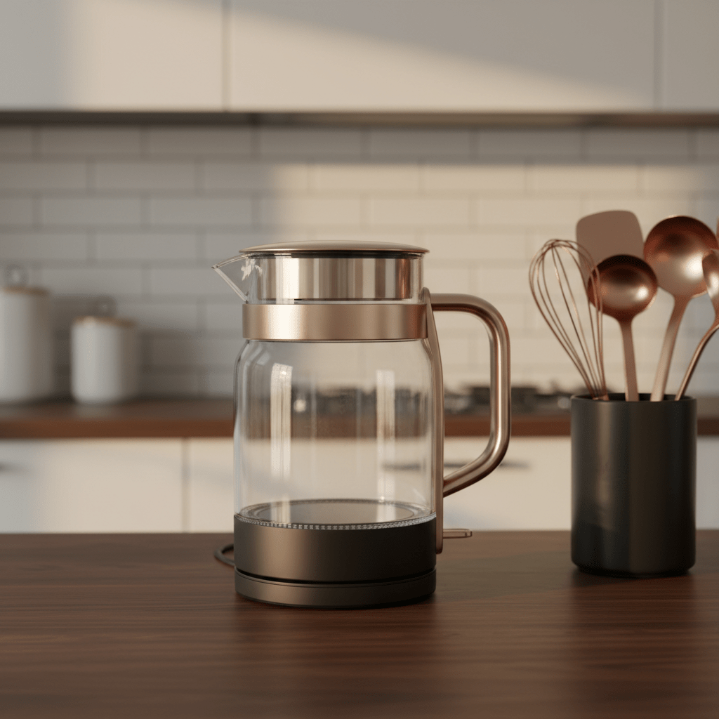 Close-up of a clear electric kettle with metallic accents on a dark counter.