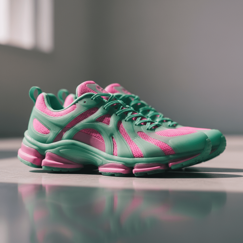 Futuristic pink and green sneakers with frosted sea glass shell and vibrant internal paneling.