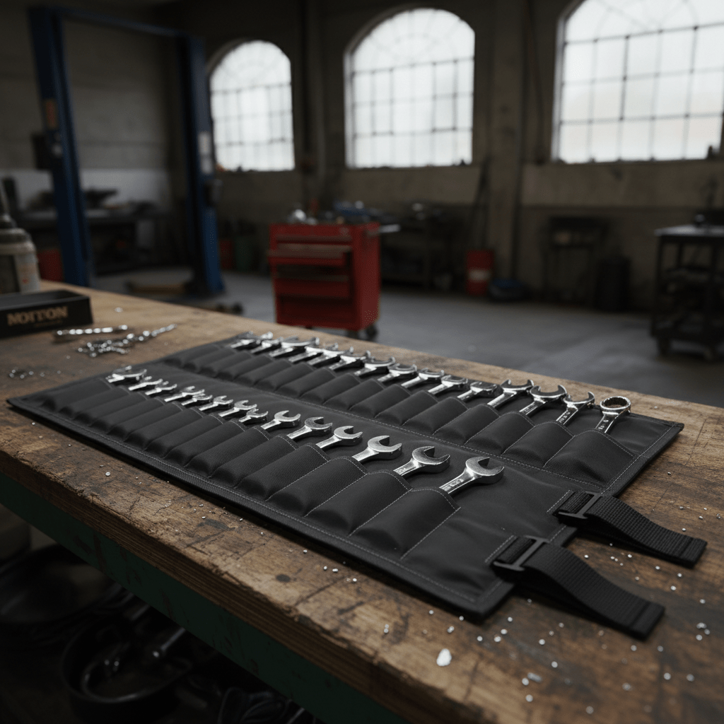Ballistic nylon wrench organizer with polished steel tools on a mechanic's workbench.