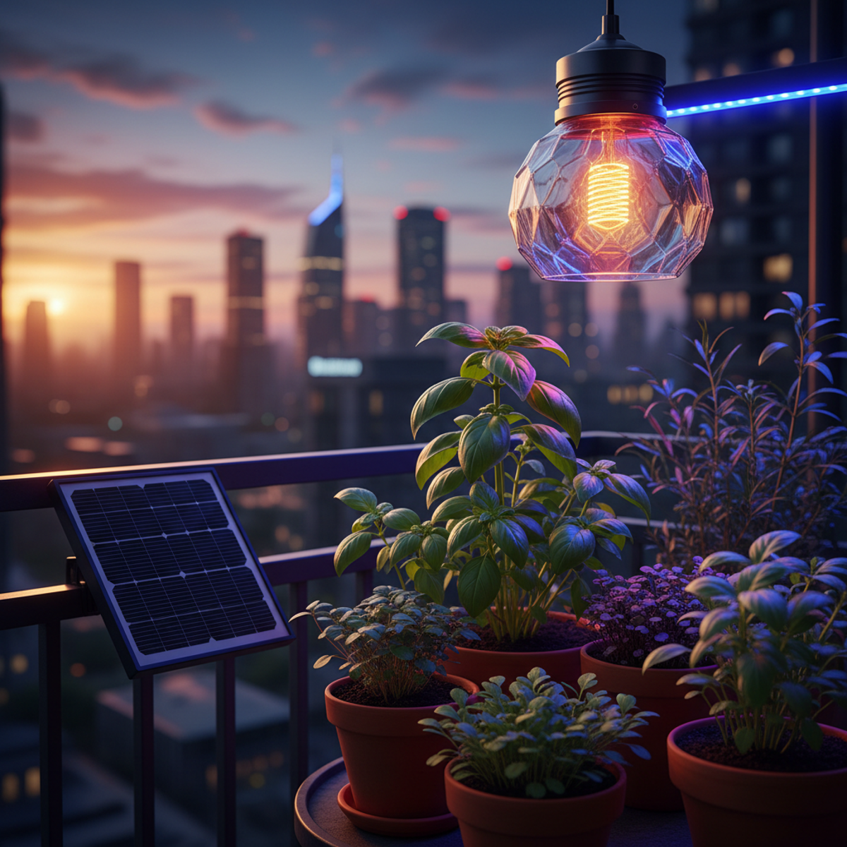 Solar powered light bulb illuminates balcony herb garden at dusk with city skyline.