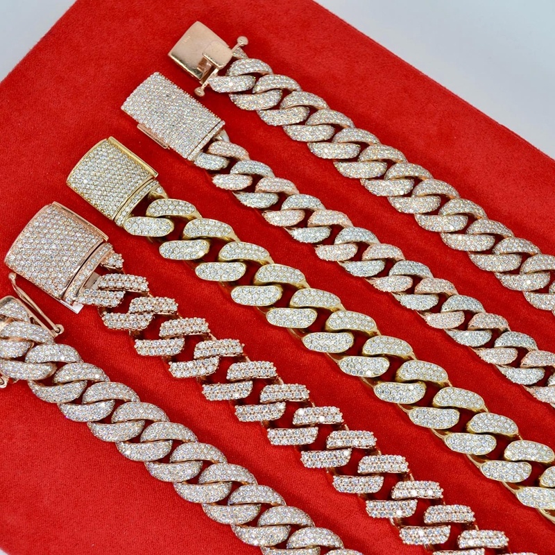 Hip Hop Style Width 3row Stone VVS D Color Moissanite Silver 925 Cuban Link Chain Necklace Iced Our Jewelry for Man