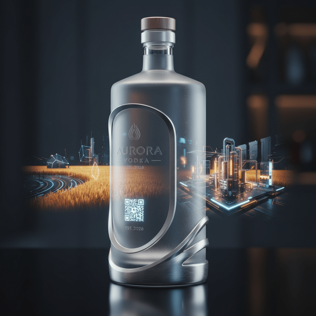 Sleek futuristic vodka bottle with holographic wheat fields and distillery scenes.