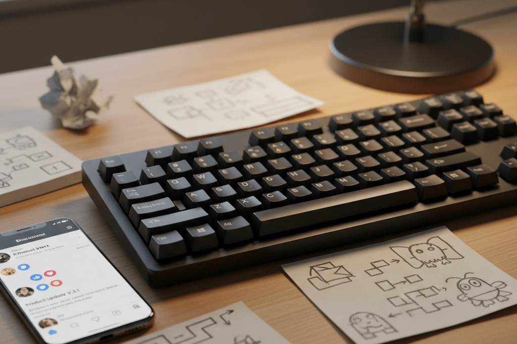 Close-up of a workspace with keyboard, notes, and phone showing feedback, highlighting digital product iteration complexities