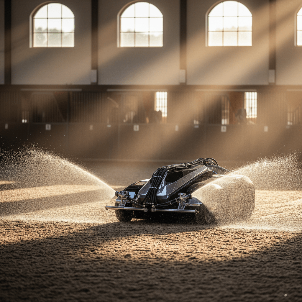 Indoor arena drag with dual water jets spraying mist over compacted footing.