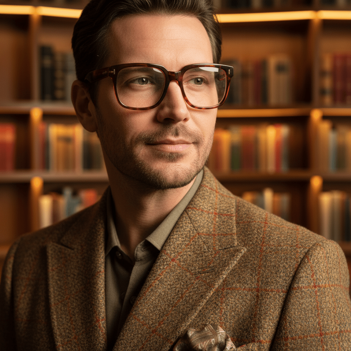 Stylish man with thick amber acetate glasses in a vintage wool blazer.